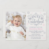 Winter Onederland Silver Pink Snowflake 1. Einladung (Vorne/Hinten)