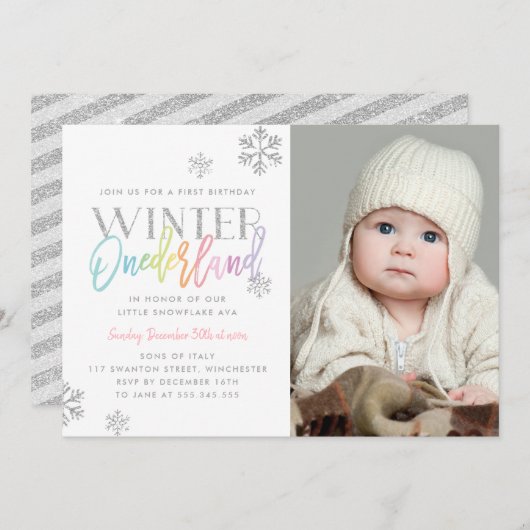 Winter ONEderland Silver Rainbow 1st Bday Foto Einladung (Vorne/Hinten)