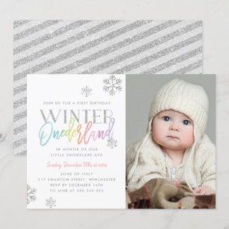Winter ONEderland Silver Rainbow 1st Bday Foto Einladung