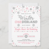 Winter ONEderland Silver Rosa Schneeflocken Geburt Einladung (Vorderseite)