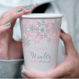 Winter Onederland Silver und Pink Snowflake Pappbecher