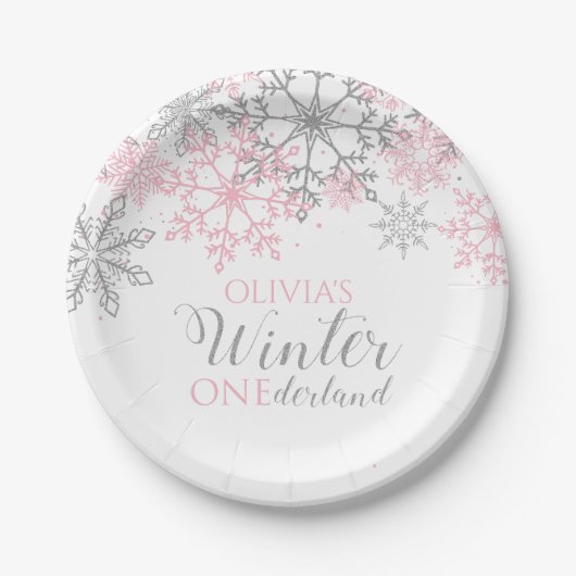 Winter Onederland Silver und Pink Snowflake Pappteller (Vorderseite)