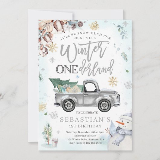 Winter ONEderland Silver Winter Truck Snowman Einladung (Vorderseite)