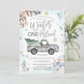 Winter ONEderland Silver Winter Truck Snowman Einladung (Stehend Vorderseite)