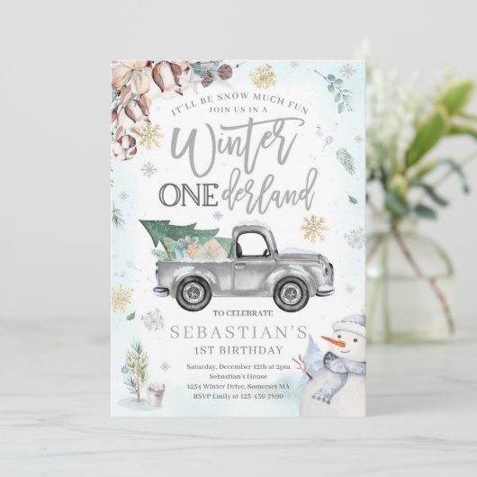 Winter ONEderland Silver Winter Truck Snowman Einladung (Stehend Vorderseite)