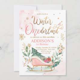 Winter Onederland Sleigh Pink Gold 1. Geburtstag Einladung