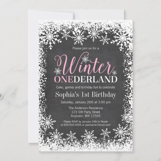 Winter ONEderland Snow Chalkboard 1. Geburtstag Einladung (Vorderseite)