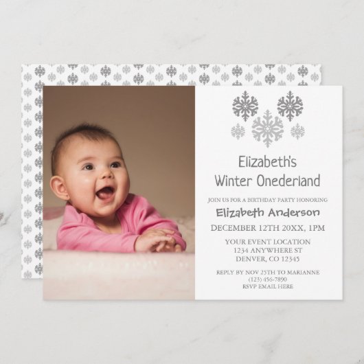 Winter Onederland Snowflake 1. Geburtstag Einladung (Vorne/Hinten)