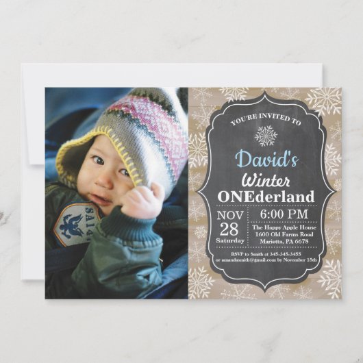 Winter Onederland Snowflake Blue Boy 1. Geburtstag Einladung (Vorderseite)