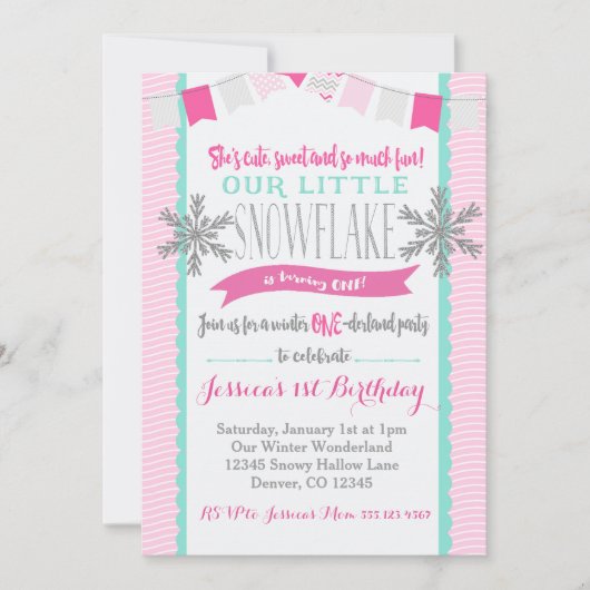 Winter ONEderland Snowflake Invitation Girl Einladung (Vorderseite)