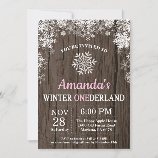 Winter Onederland Snowflake Pink Girl 1. Geburtsta Einladung (Vorderseite)