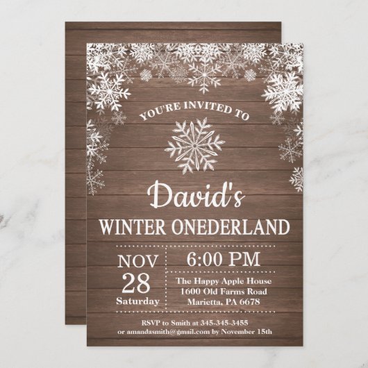 Winter Onederland Snowflake Rustikaler 1. Geburtst Einladung (Vorne/Hinten)