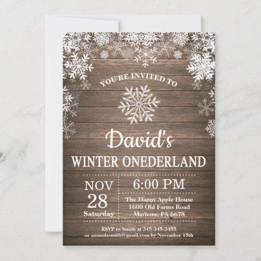 Winter Onederland Snowflake Rustikaler 1. Geburtst Einladung (Vorderseite)