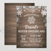Winter Onederland Snowflake Rustikaler 1. Geburtst Einladung (Vorne/Hinten)