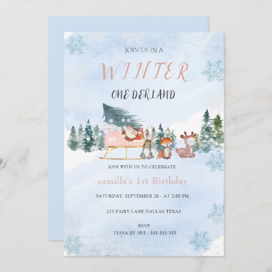 Winter Onederland Snowflake Tier Geburtstag Einladung (Vorne/Hinten)