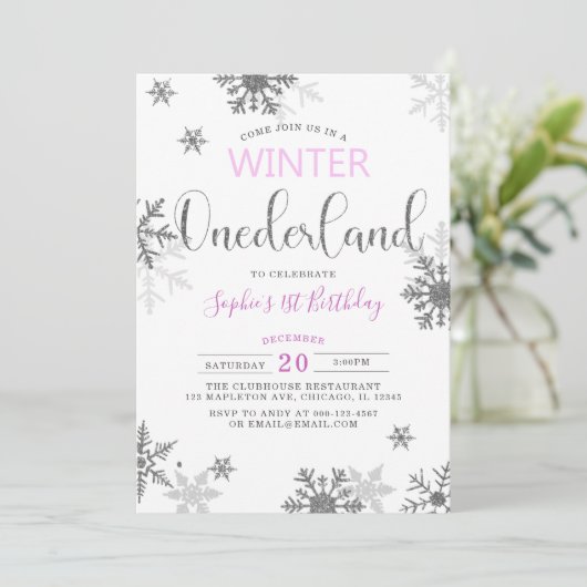 Winter Onederland Snowflakes Erster Geburtstag Einladung (Stehend Vorderseite)