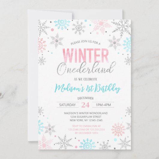 Winter Onederland Snowflakes Erster Geburtstag Einladung (Vorderseite)