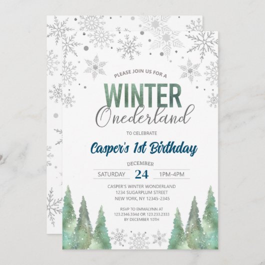 Winter Onederland Snowflakes Erster Geburtstag Einladung (Vorne/Hinten)