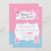 Winter Onederland Snowman Pink Blue 1. Geburtstag Einladung (Vorne/Hinten)