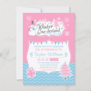 Winter Onederland Snowman Pink Blue 1. Geburtstag Einladung