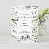 Winter Onederland Tiere Einladung 1. Geburtstag (Stehend Vorderseite)