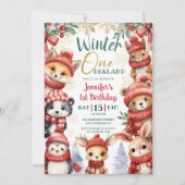 Winter ONEderland Tiere Weihnachten 1. Geburtstag Einladung (Vorderseite)