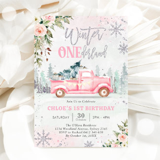 Winter ONEderland Truck Pink Girl 1st Birthday Einladung