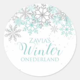 Winter Onederland Türkis Silber Erster Geburtstag Runder Aufkleber