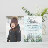 Winter Onederland-Wald-Baby Erstgeburtstag Foto Einladung (Stehend Vorderseite)