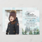 Winter Onederland-Wald-Baby Erstgeburtstag Foto Einladung (Vorne/Hinten)