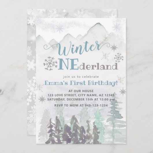 Winter ONEderland Wald Birthday Einladung (Vorne/Hinten)