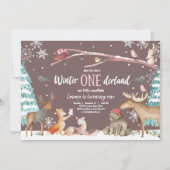 Winter ONEderland Wald Rosa Geburtstag Einladung (Vorderseite)