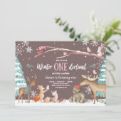 Winter ONEderland Wald Rosa Geburtstag Einladung (Stehend Vorderseite)