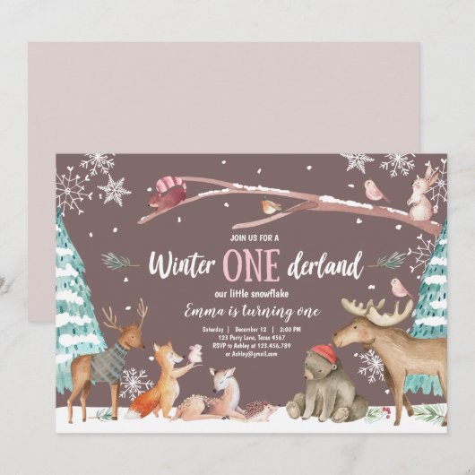 Winter ONEderland Wald Rosa Geburtstag Einladung (Vorne/Hinten)