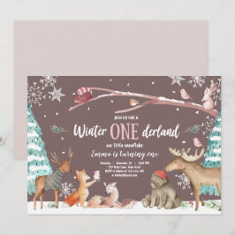 Winter ONEderland Wald Rosa Geburtstag Einladung