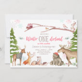 Winter ONEderland Wald Rosa Geburtstag Einladung (Vorderseite)