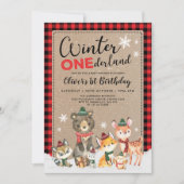 Winter ONEderland Waldtiere 1. Geburtstag Einladung (Vorderseite)