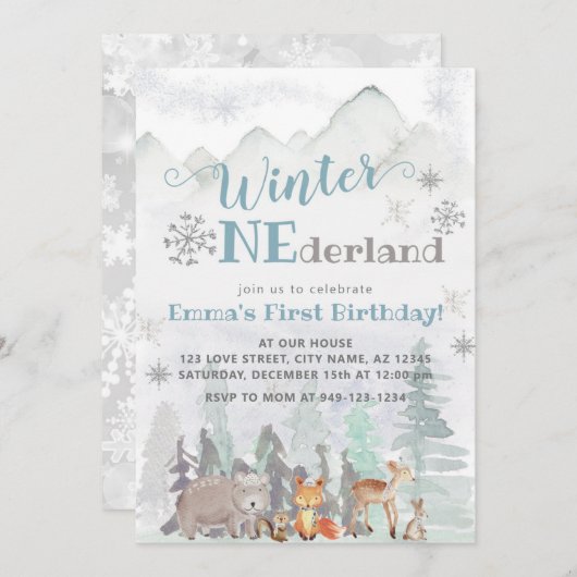 Winter ONEderland Waldtiere Geburtstag Einladung (Vorne/Hinten)