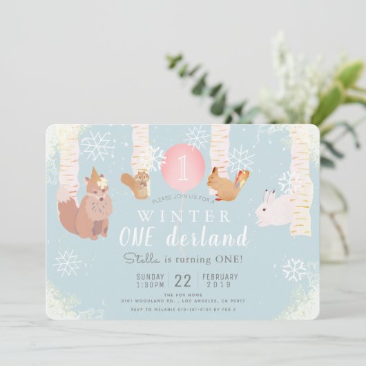 Winter ONEderland Waldtiere Geburtstag Einladung (Stehend Vorderseite)