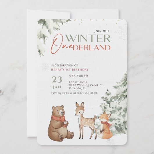 Winter Onederland Watercolor Animal First Birthday Einladung (Vorderseite)