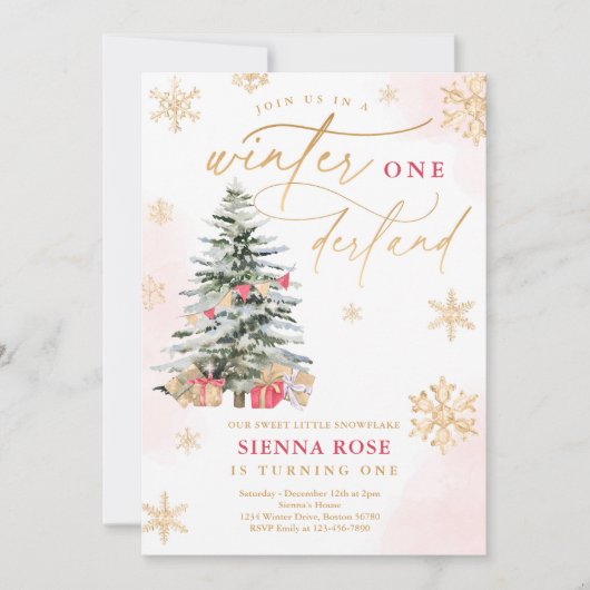 Winter Onederland Weihnachten Rot & Gold Geburtsta Einladung (Vorderseite)