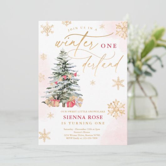 Winter Onederland Weihnachten Rot & Gold Geburtsta Einladung (Stehend Vorderseite)