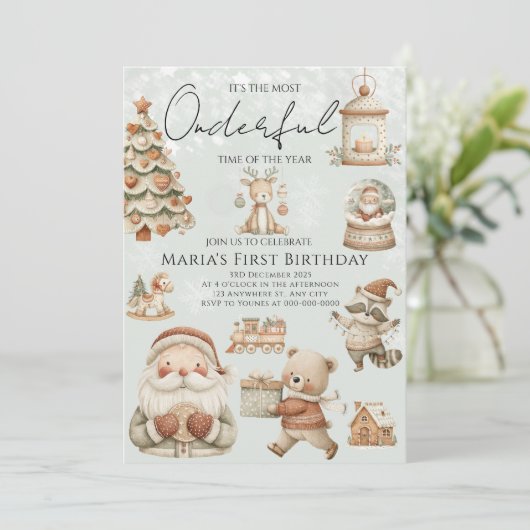 Winter Onederland Weihnachtshäuser Geburtstag Einladung (Stehend Vorderseite)