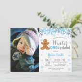 Winter Onederland Weihnachtsjunge 1. Geburtstag Fo Einladung (Stehend Vorderseite)