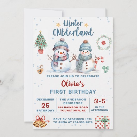 Winter Onederland Weihnachtsschneemann Geburtstag Einladung (Vorderseite)