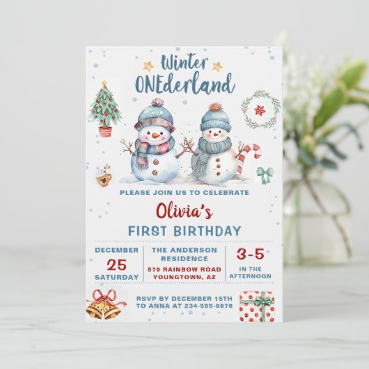 Winter Onederland Weihnachtsschneemann Geburtstag Einladung (Stehend Vorderseite)