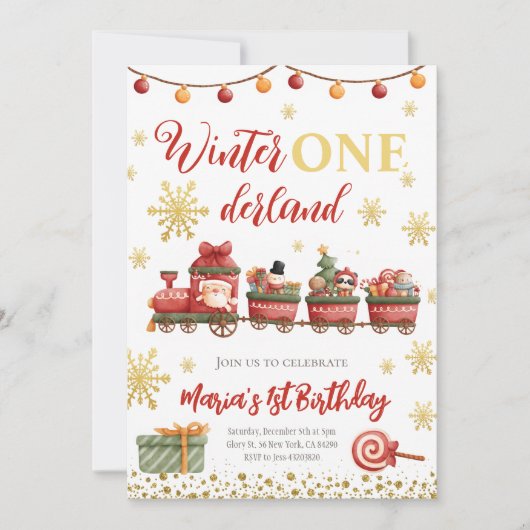 Winter Onederland Weihnachtszug Gold Geburtstag Einladung (Vorderseite)