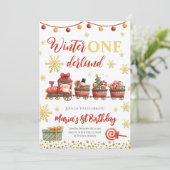 Winter Onederland Weihnachtszug Gold Geburtstag Einladung (Stehend Vorderseite)