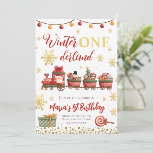 Winter Onederland Weihnachtszug Gold Geburtstag Einladung (Stehend Vorderseite)