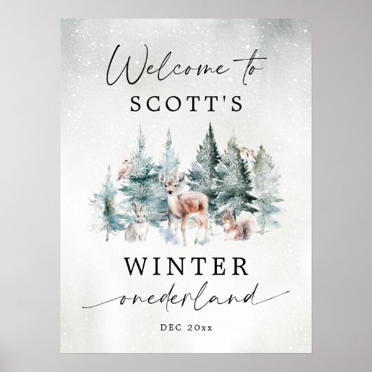 Winter ONEderland Woodland 1st Birthday Welcome Poster (Vorne)